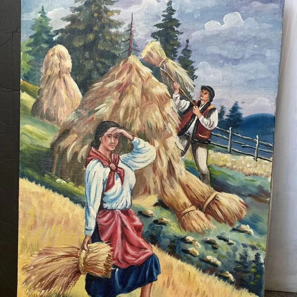 vintage oil painting On Canvas Signed Couple On Rice Field Collecting Hays Farm - Picture 5 of 6